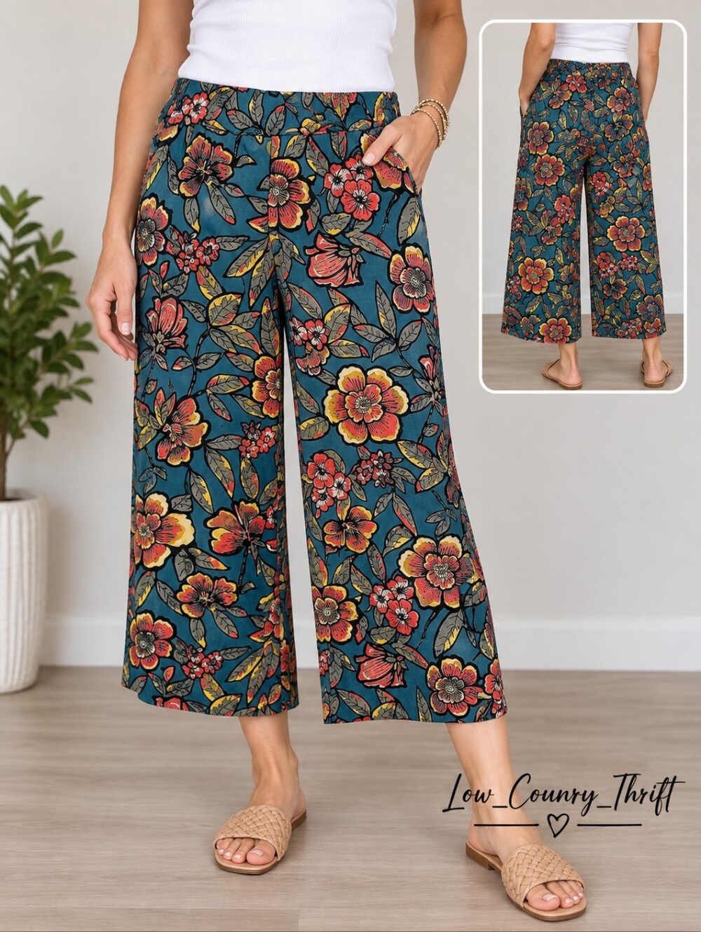 LOFT Floral Wide Leg Crop Pants Women's 2 Blue Rayon Pull On Pockets